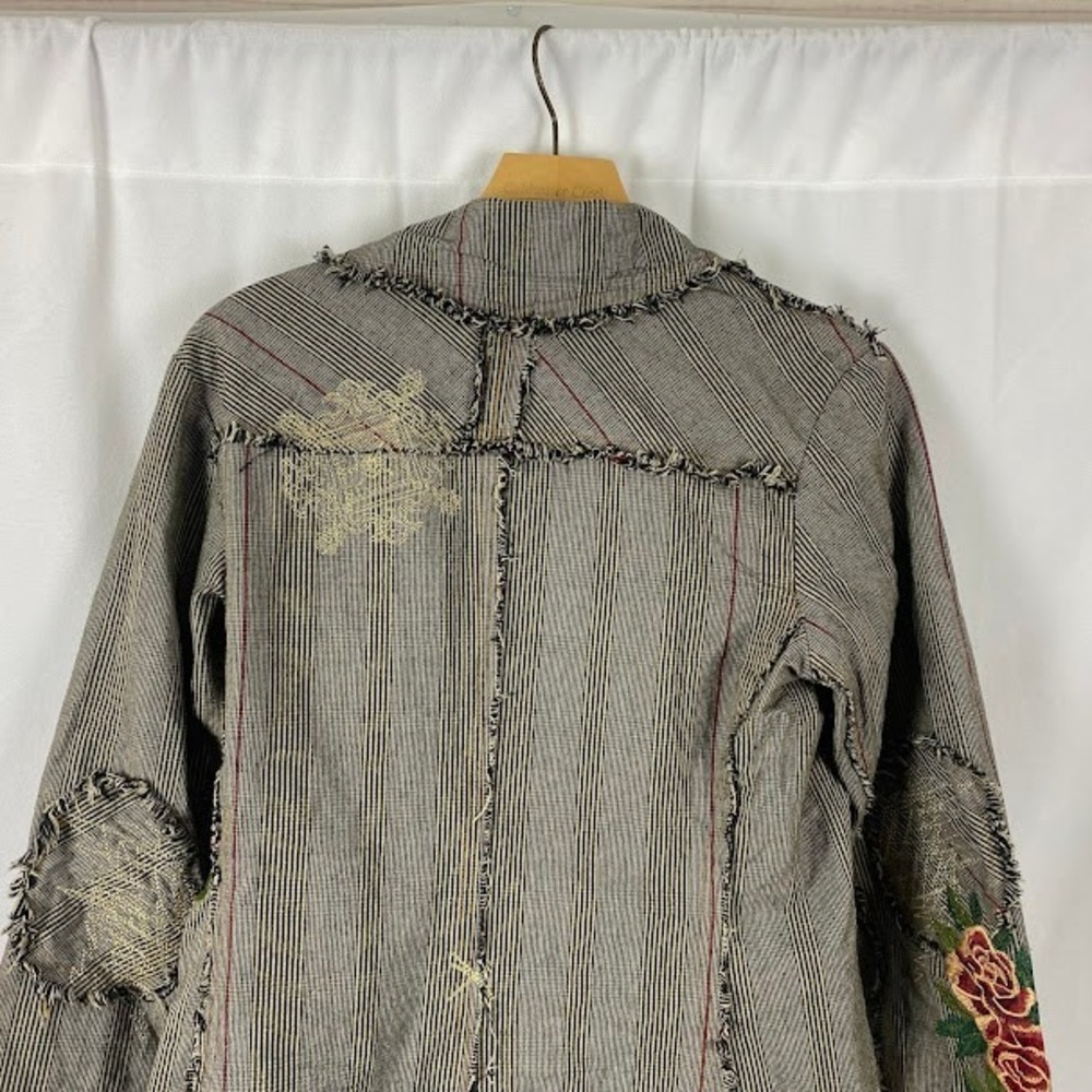 Unique Embellished Striped Blazer Jacket Floral Roses Embroidered Frayed Edges - Picture 13 of 15